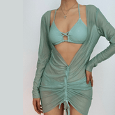 Einfarbiges, gekreuztes Neckholder-Minikleid mit langen Ärmeln und Rüschen, 3-teilige Bademode